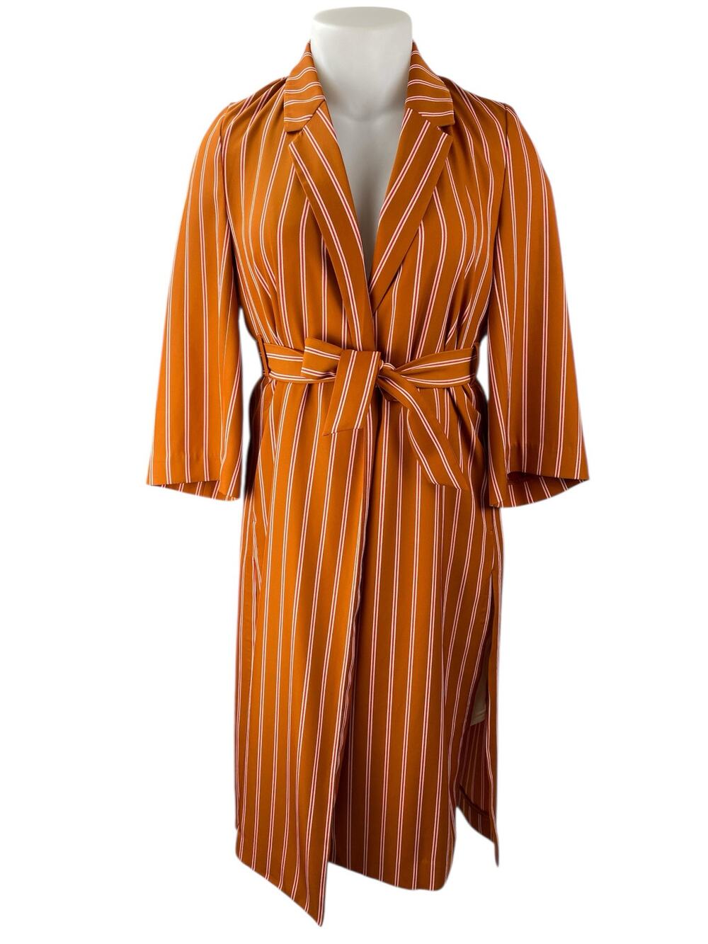 H&M Women's Orange Striped Collared 3/4 Sleeve Midi Kimono Wrap Coat Dress Sz 2